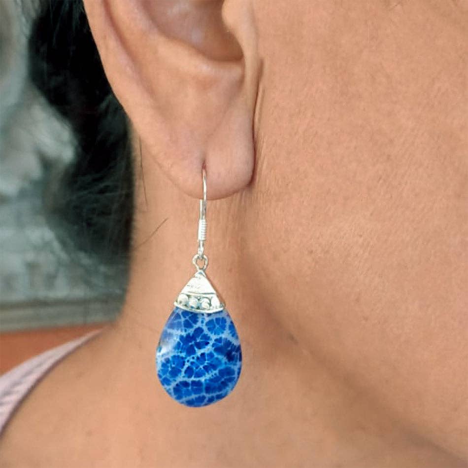 Blue Coral Teardrop Earrings - Sterling Silver