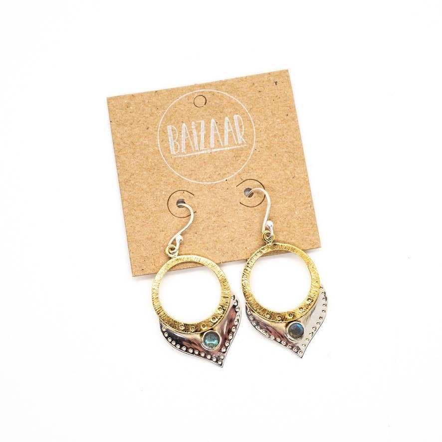 Two Tone Silver and Brass Earring w/ Labradorite