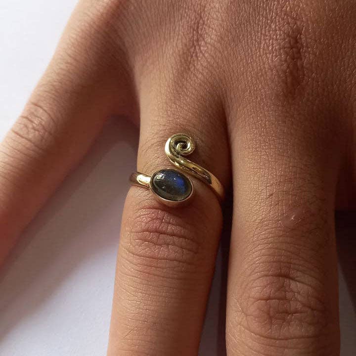 Labradorite Spiral Adjustable Ring- Brass