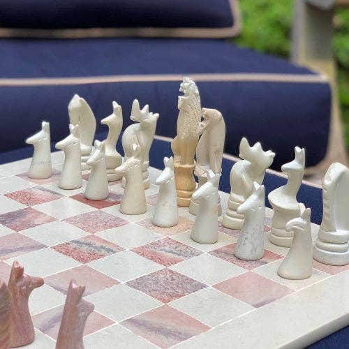 Soapstone Hand-Carved Chess Set w/ Box - Safari Animal Pieces, Pink/Natural