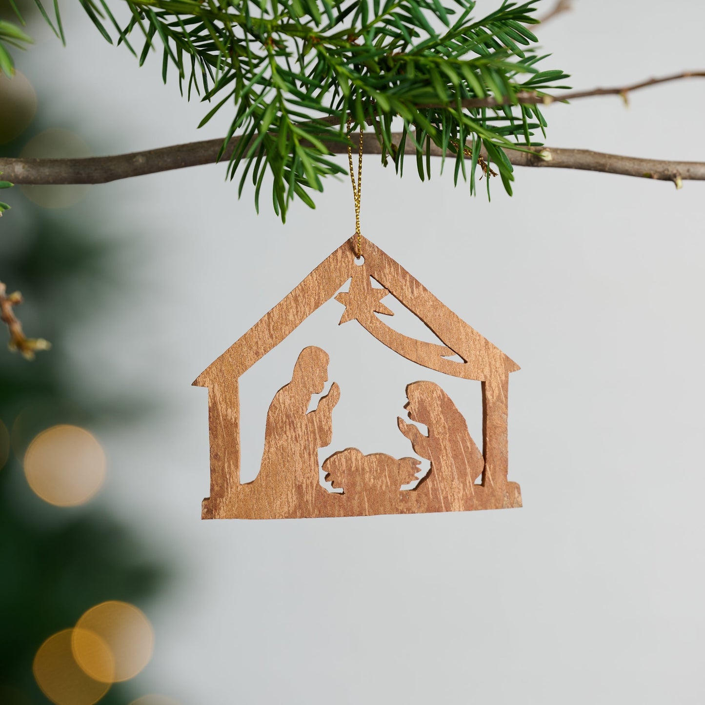 Ornament nativity M/3 cutout cinn bark 3H brn