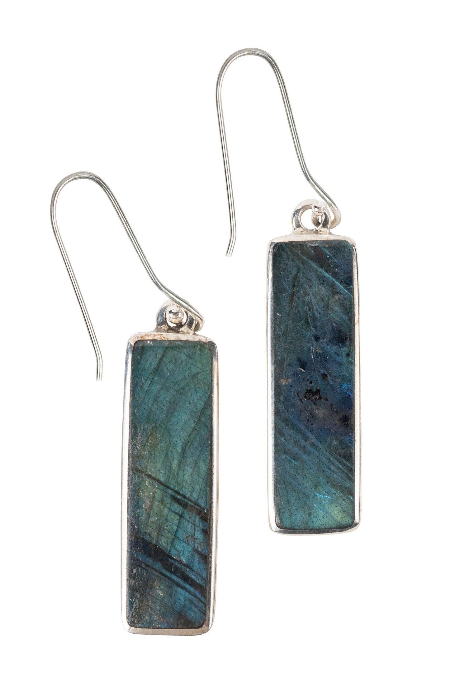 Earrings long rect labradorite/strlg 1.75L irdscnt