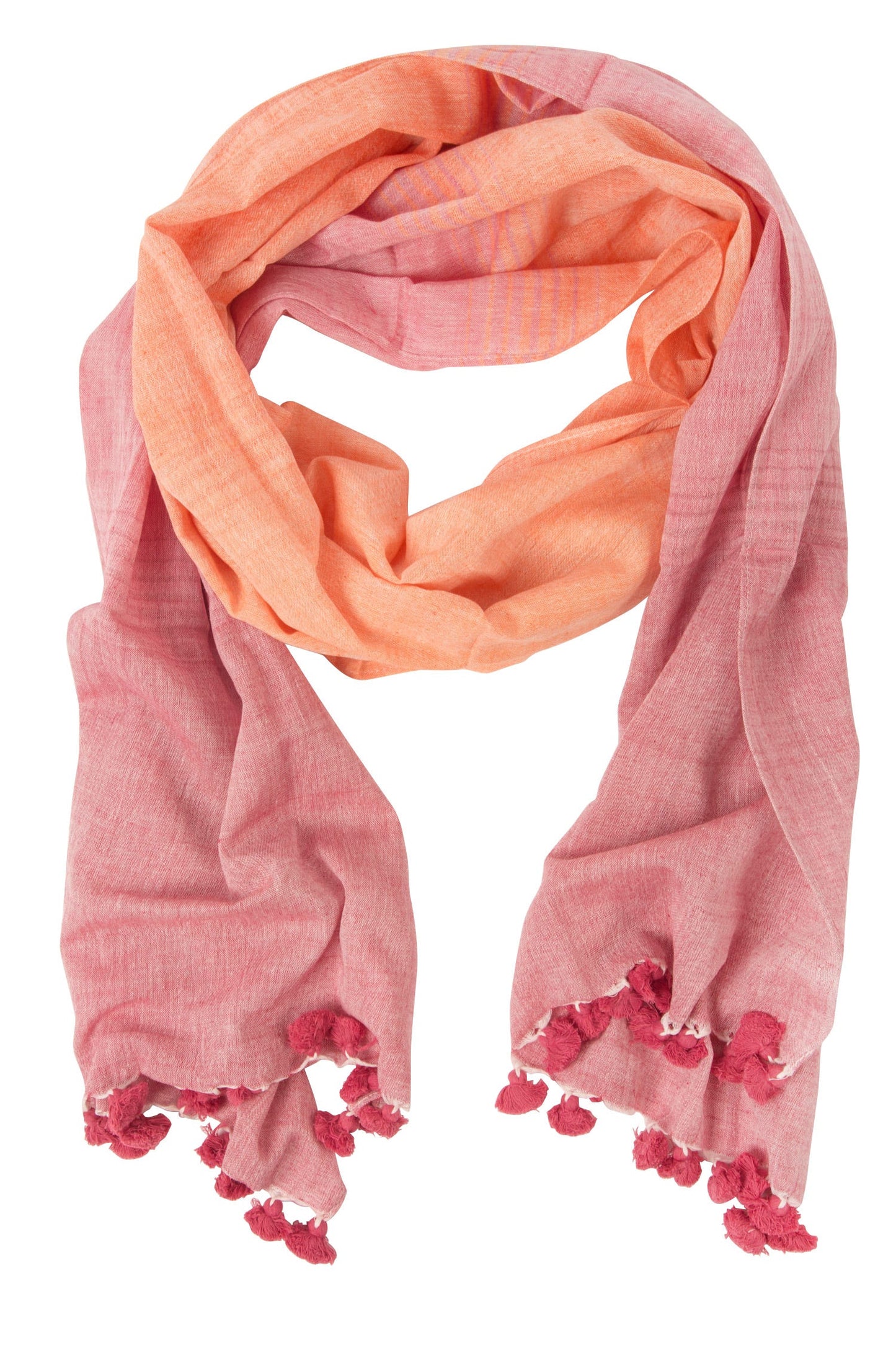 Scarf w/pompoms cttn 80L orange/red/rose