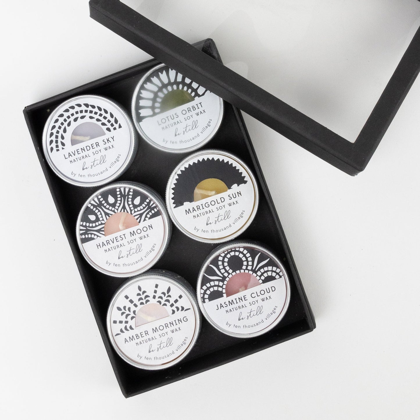 Candles in tins s/6 w/box 2D|6.5L multi/silv/blk