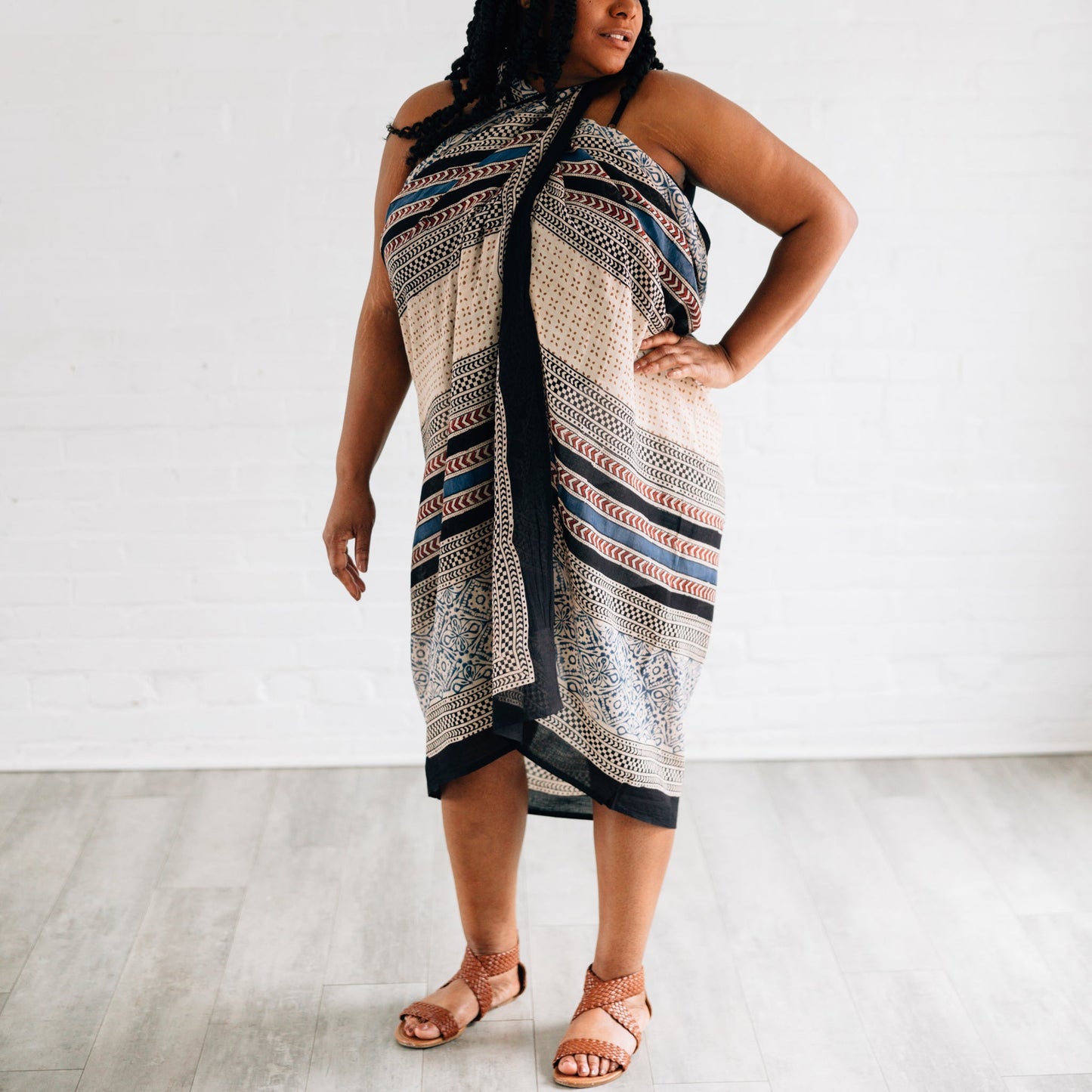 Sarong strip/geo blockprint cotton 76x44 blue/blk
