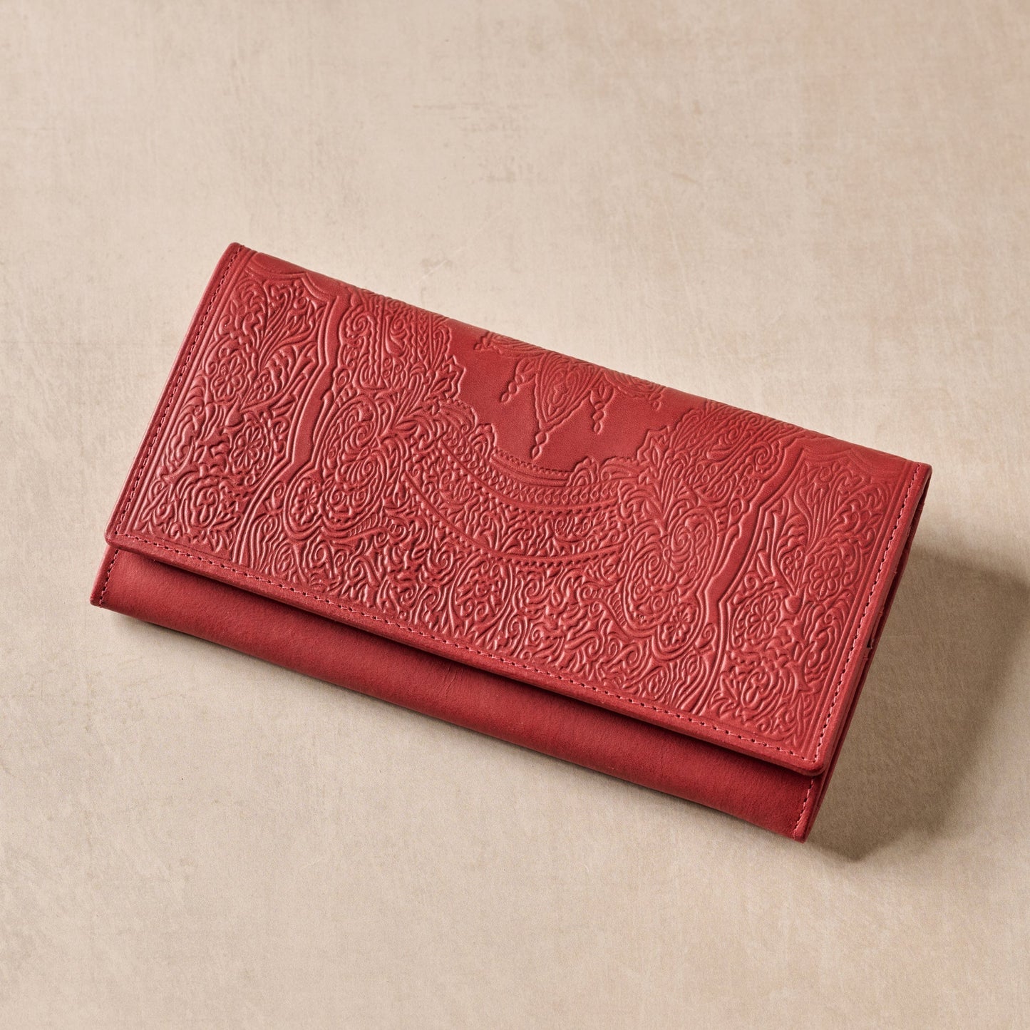 Wallet long embossed leather 7.5Wx4 red