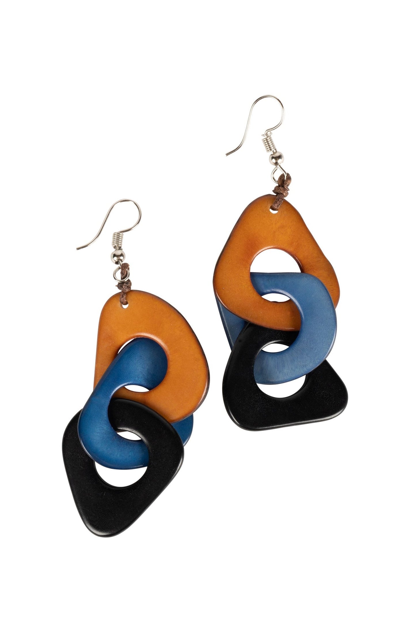 Earrings 3 flat trngl cascada tagua 3L blk/blu/brn