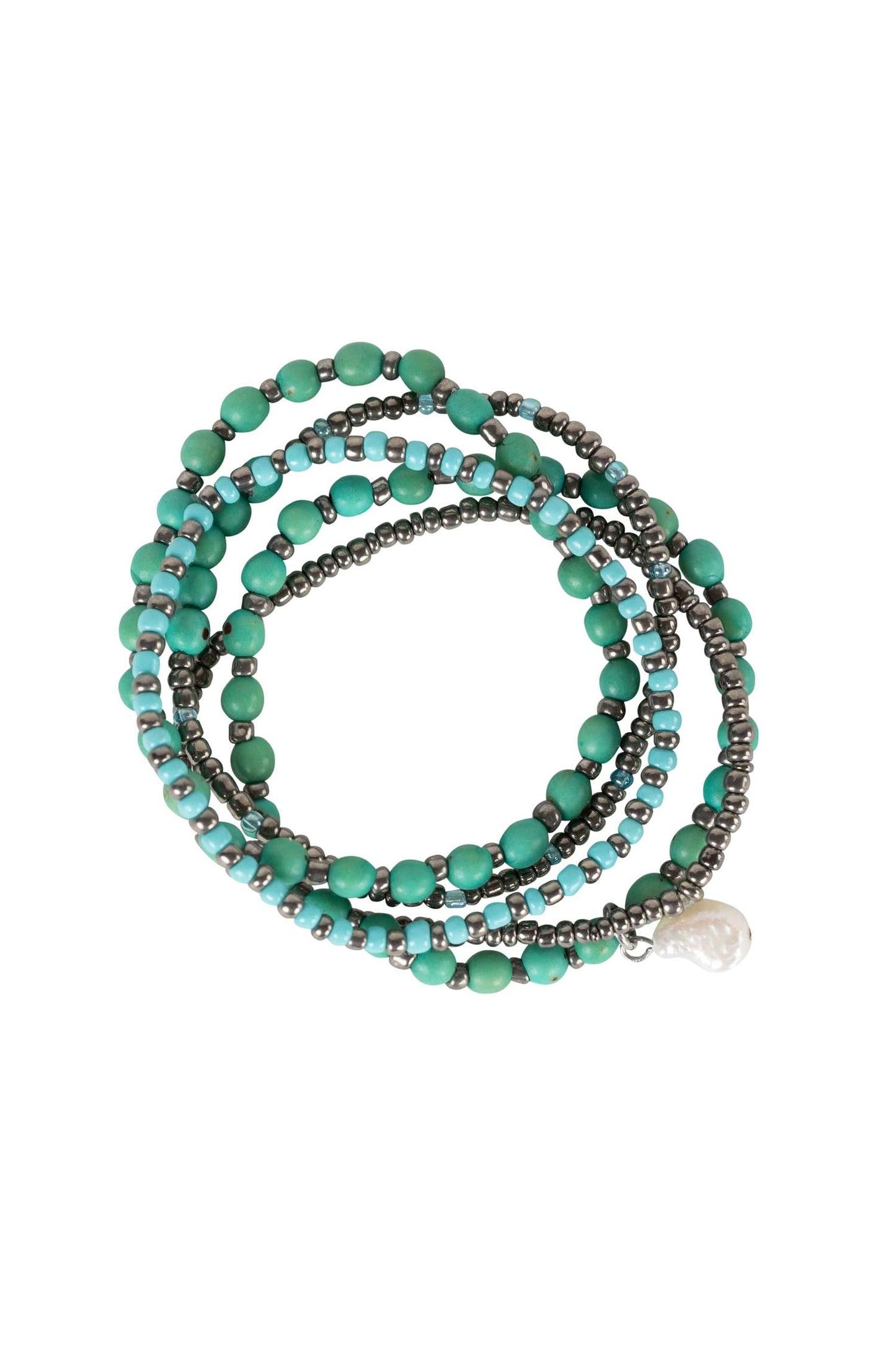Bracelets s/5 w/pearl seeds/beads aqua/silv