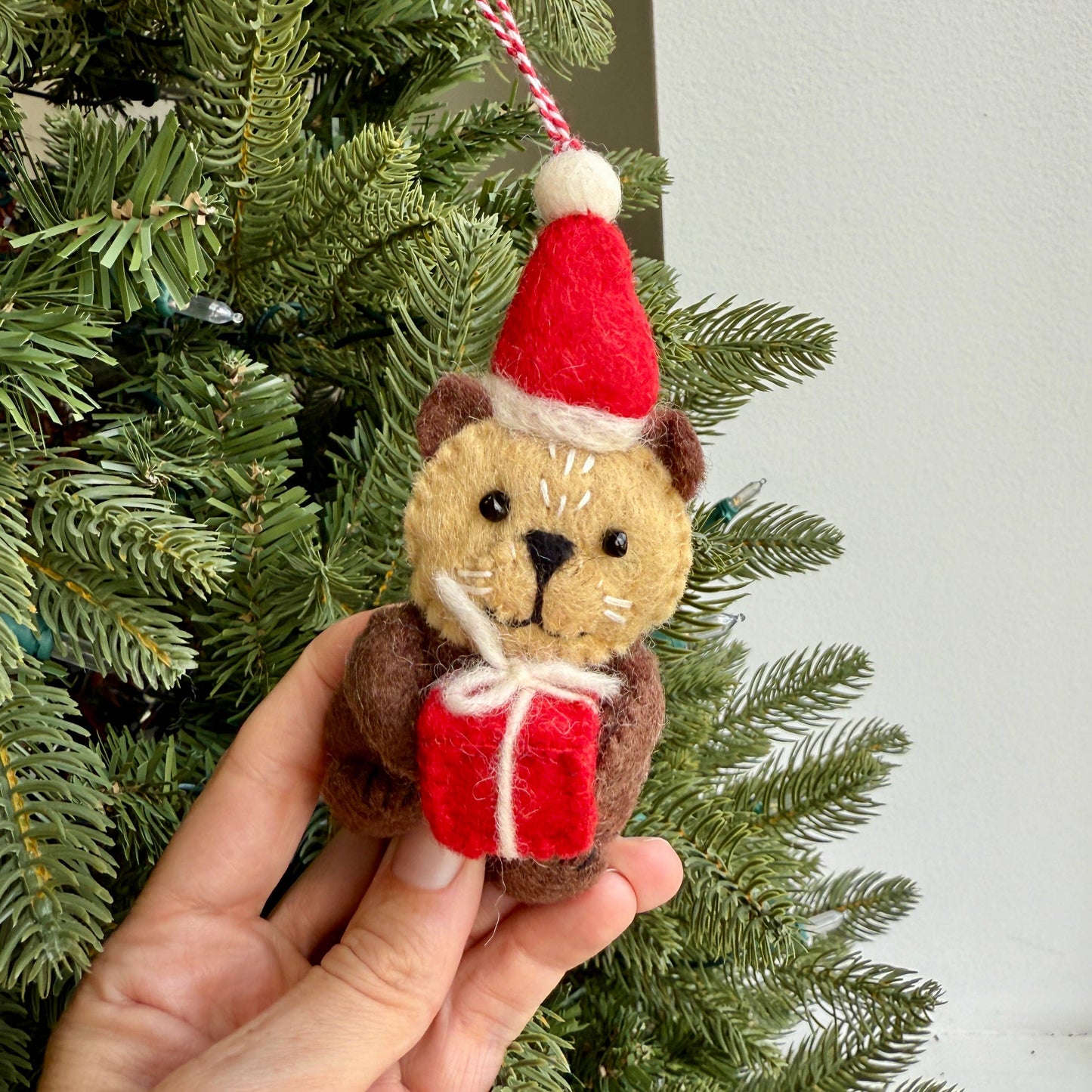 Otter w/ Santa Hat Felt Wool Ornament