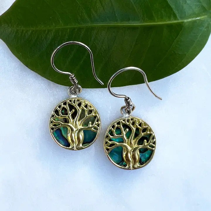 Abalone Tree of Life Earrings - Brass