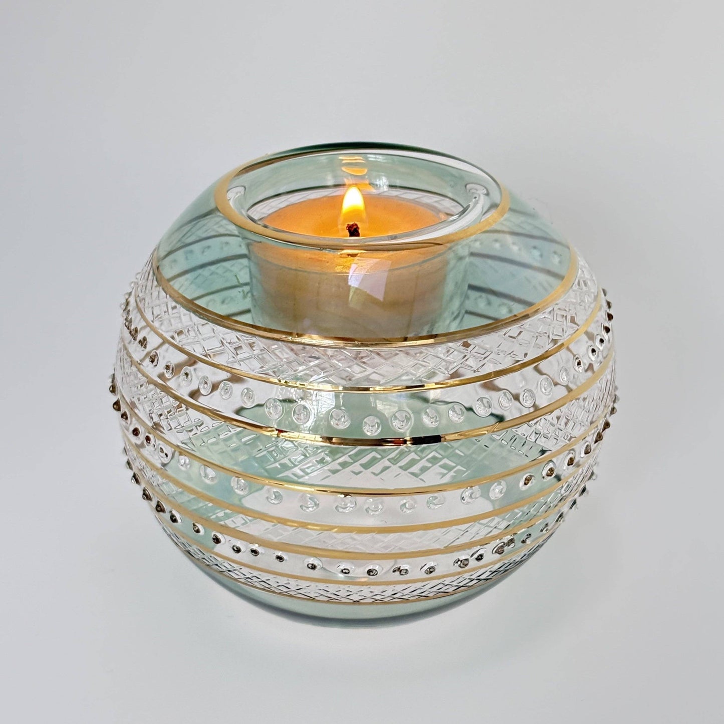 Blown Glass Candleholder - Sparkle Rings & Green Rim