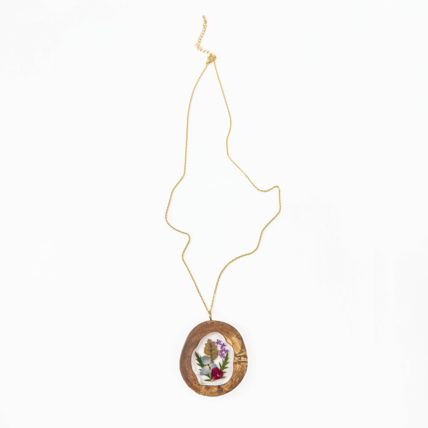 Botanical Wood-Framed Mixed Flowers Necklace