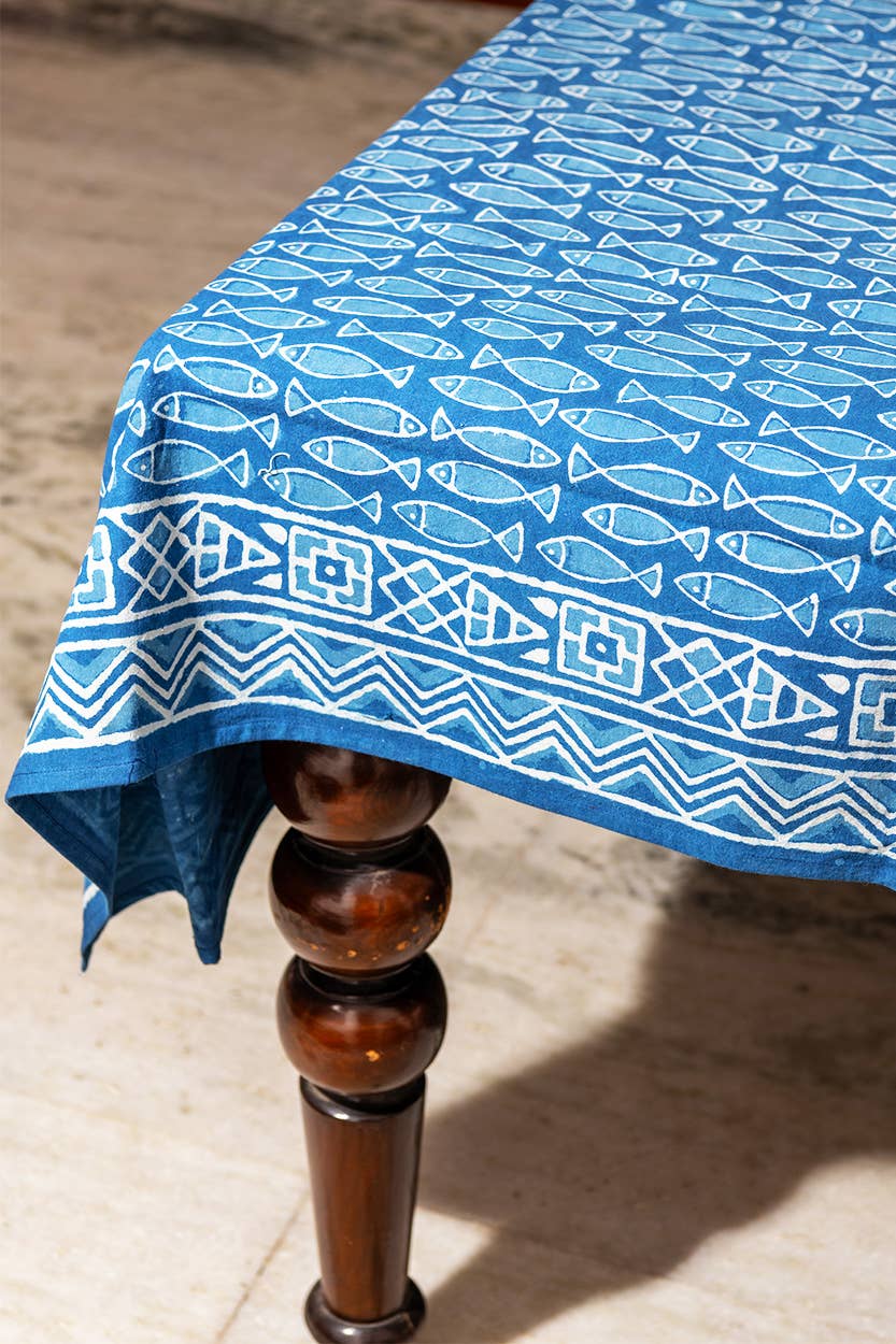 Square Indigo Fish Block Print Tablecloth 62''x62''