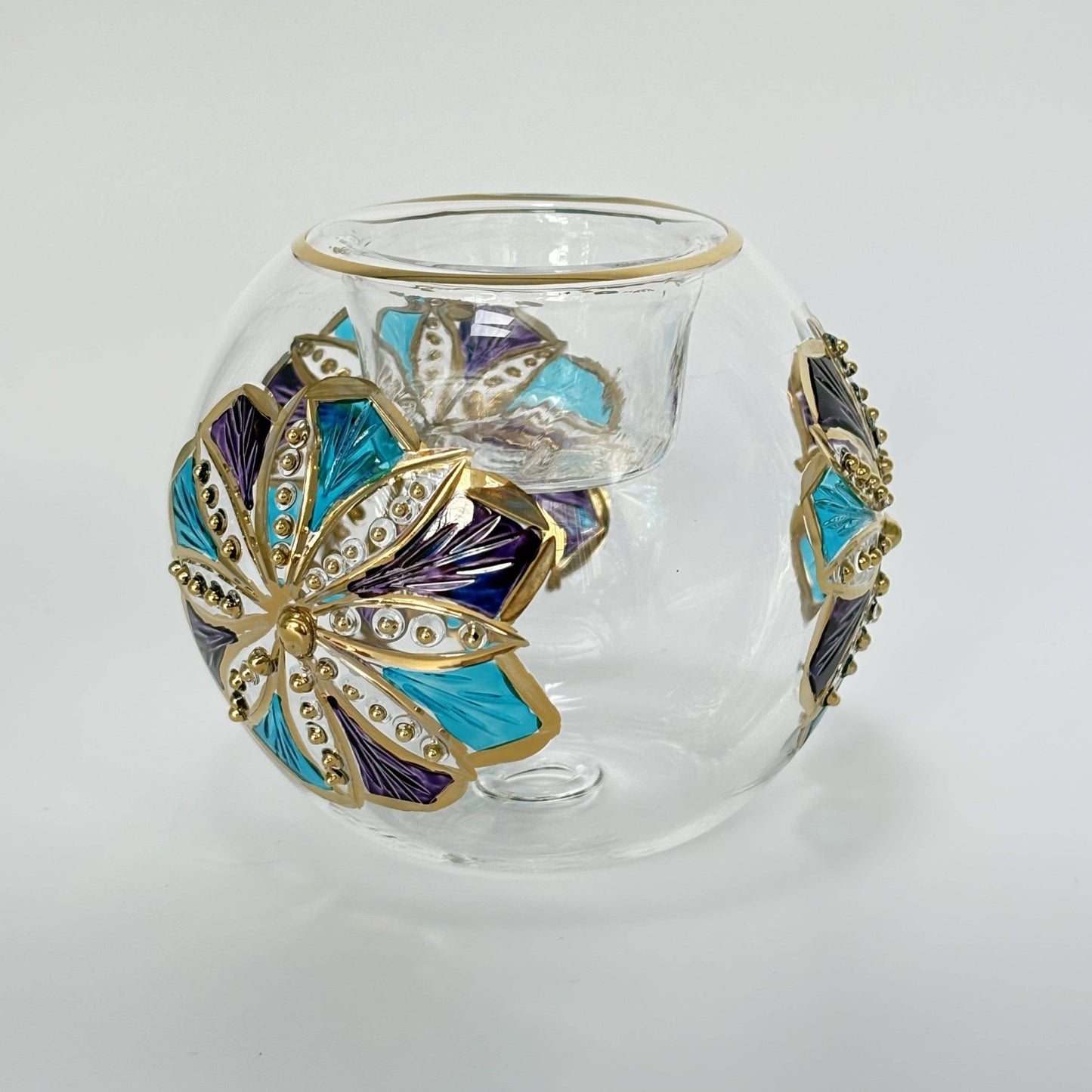Blown Glass Candleholder - Mauve/Turquoise Flower