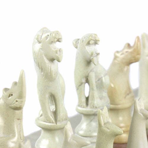 Soapstone Hand-Carved Chess Set  w/ Box  - Safari Animal Pieces, Pink/Natural