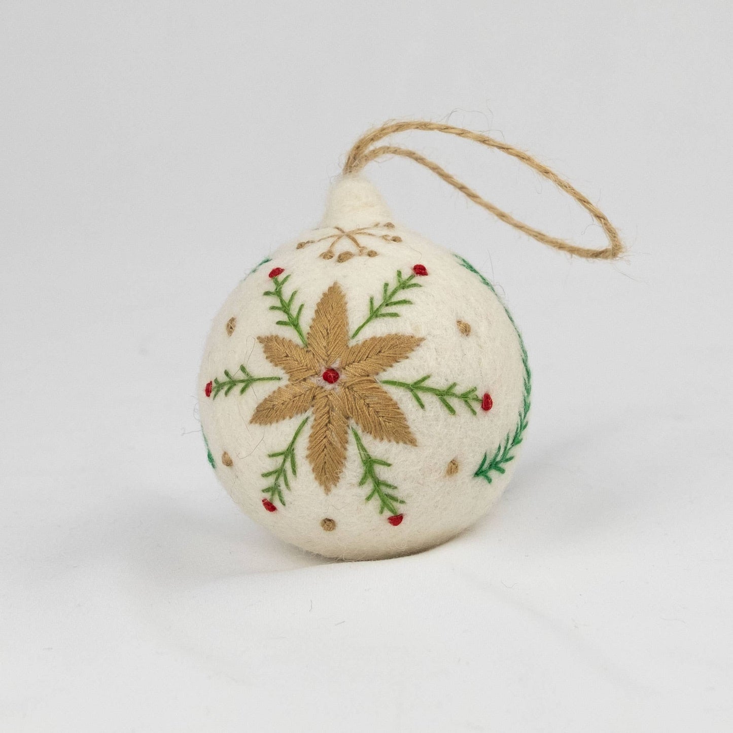Hand Embroidered Felt Ball Ornament - White, Assorted
