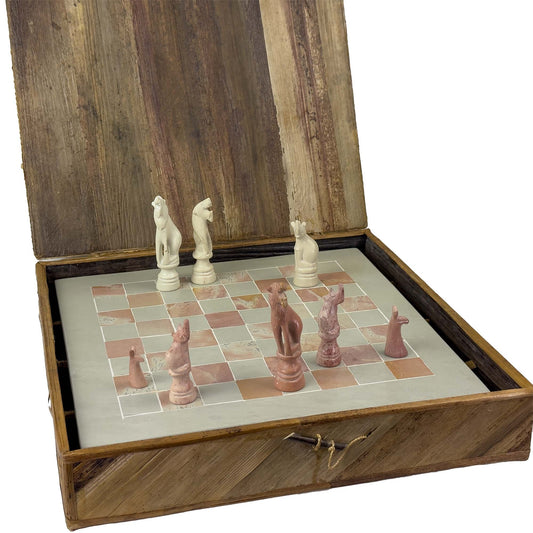 Soapstone Hand-Carved Chess Set  w/ Box  - Safari Animal Pieces, Pink/Natural