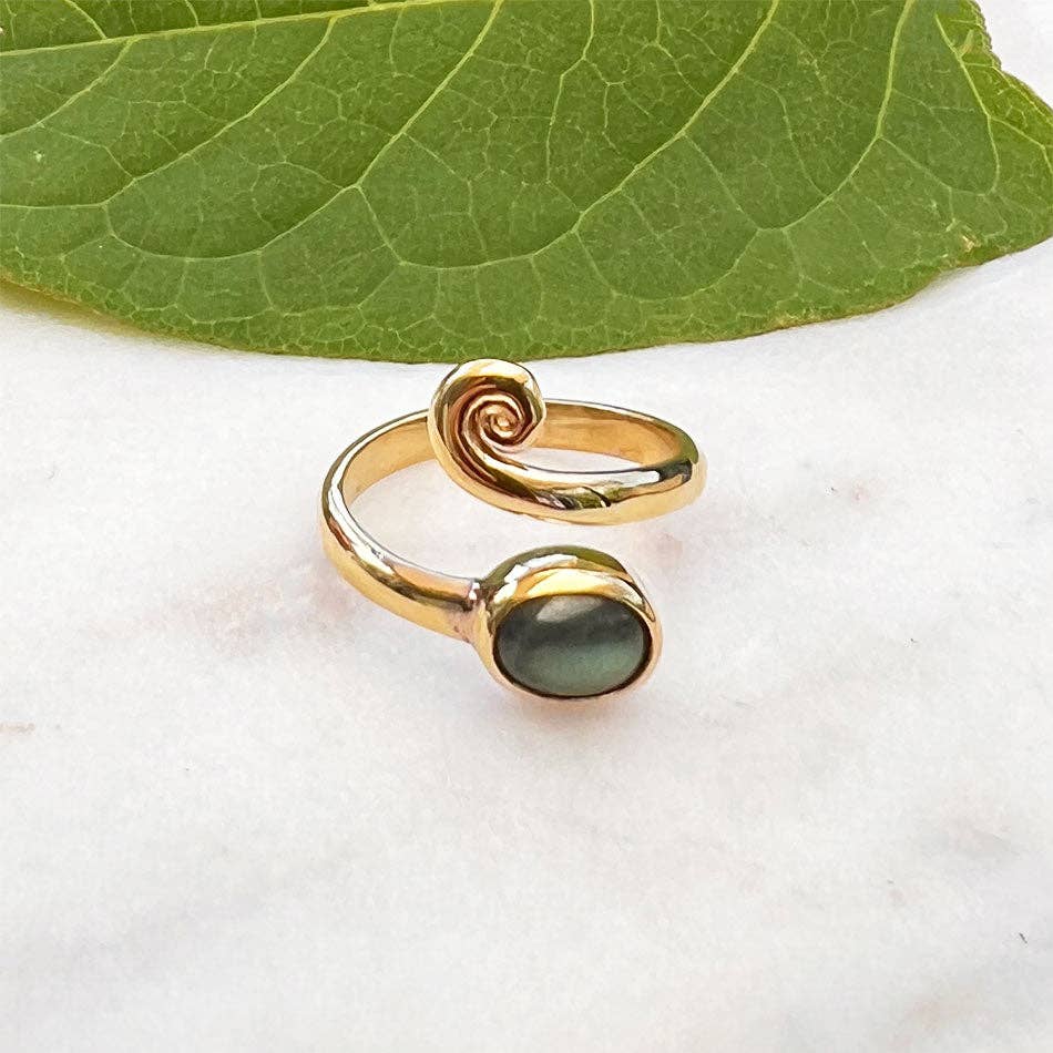 Labradorite Spiral Adjustable Ring- Brass