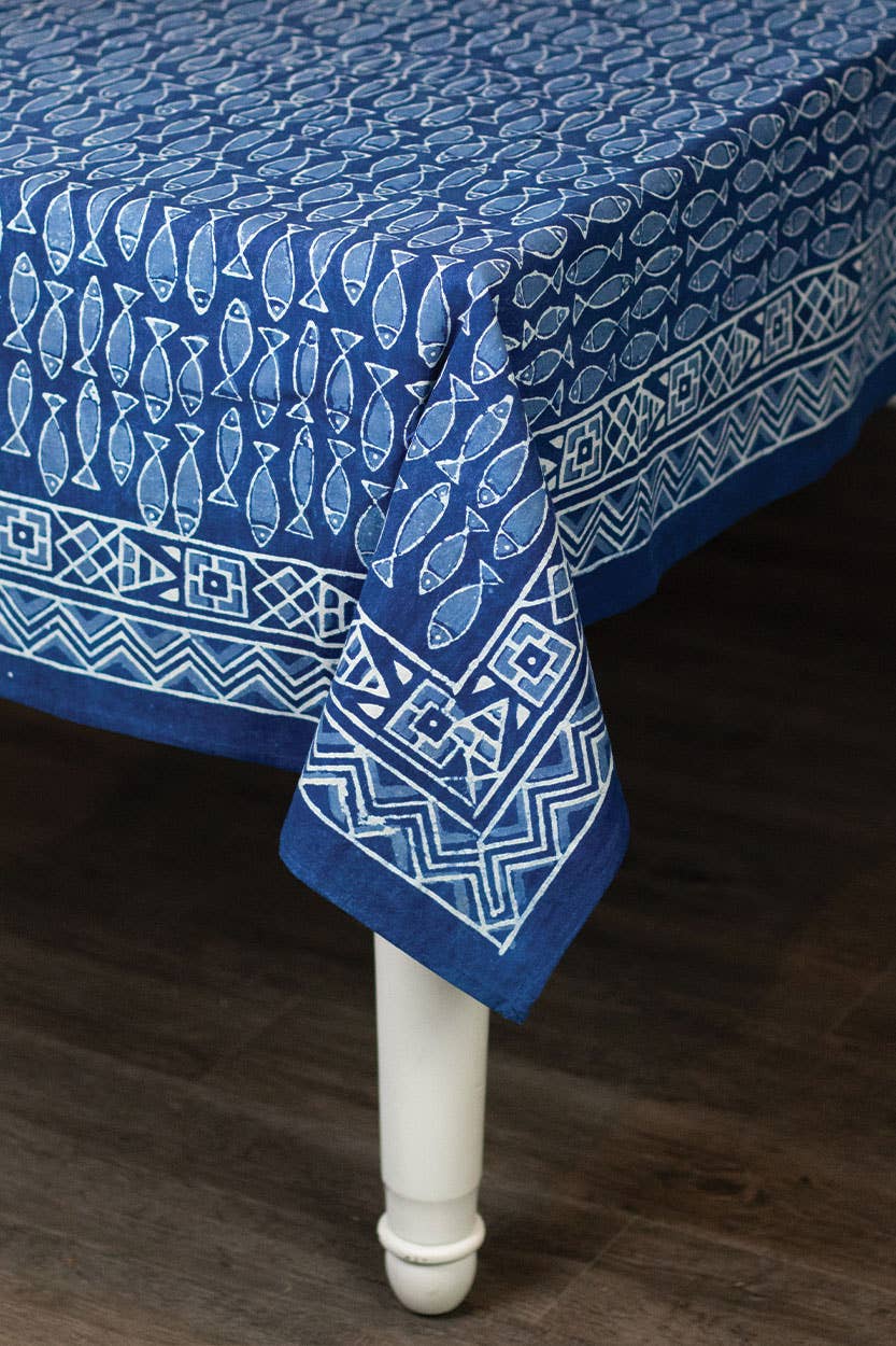 Square Indigo Fish Block Print Tablecloth 62''x62''