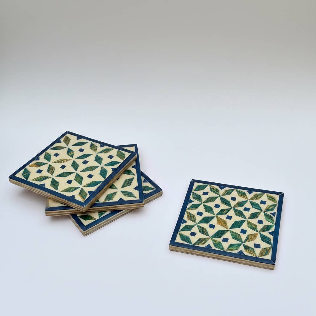 Wood & Mother of Pearl Coaster Set of 4 - Kaleidoscope Blue/Green