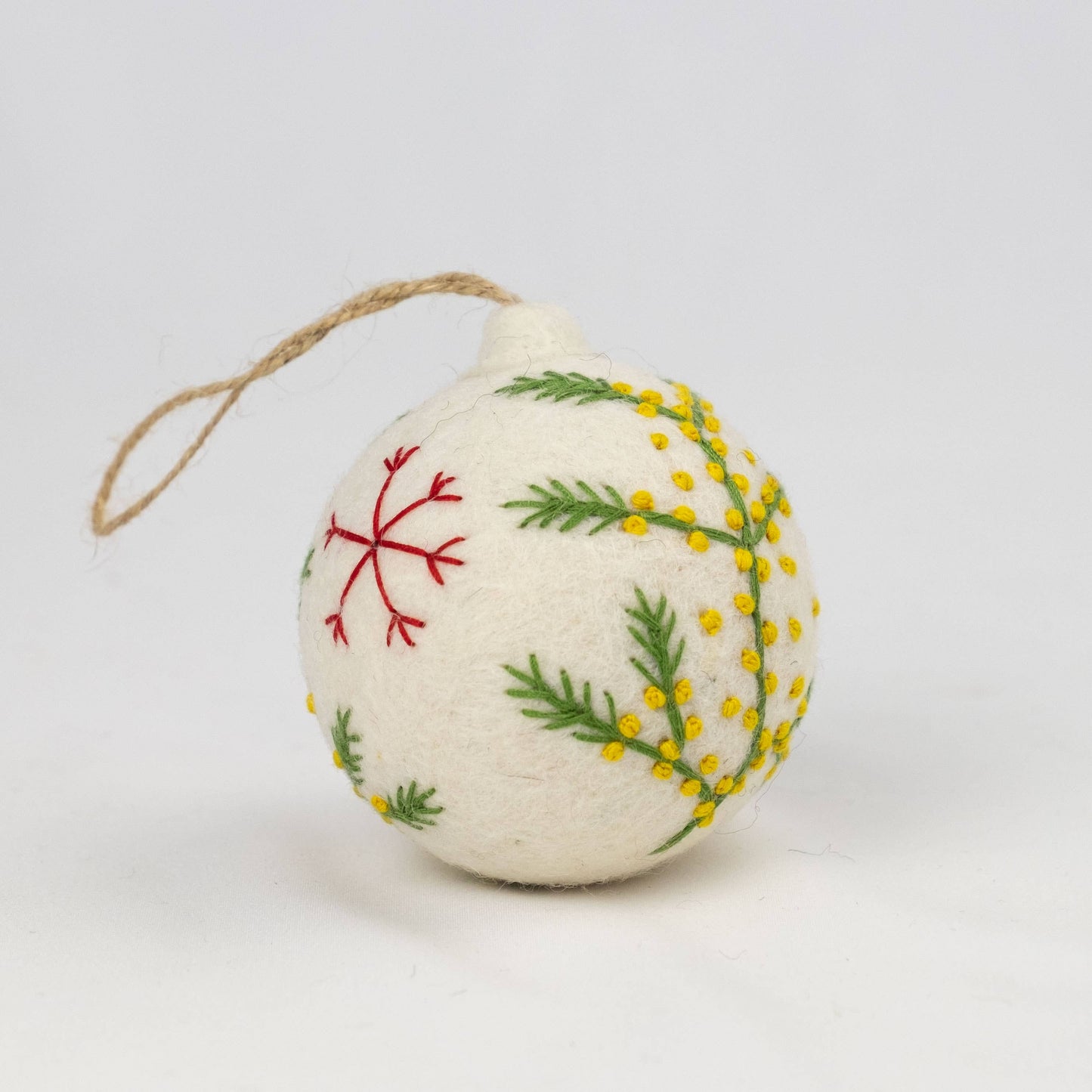 Hand Embroidered Felt Ball Ornament - White, Assorted