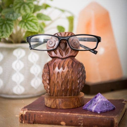 Owl Eyeglass Holder Stand - Hand Carved Wood