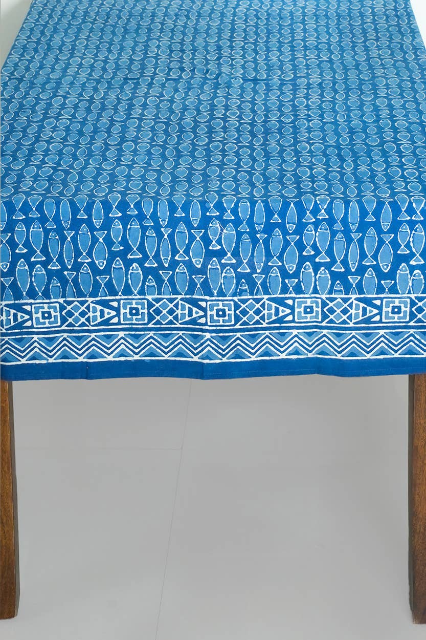 Square Indigo Fish Block Print Tablecloth 62''x62''