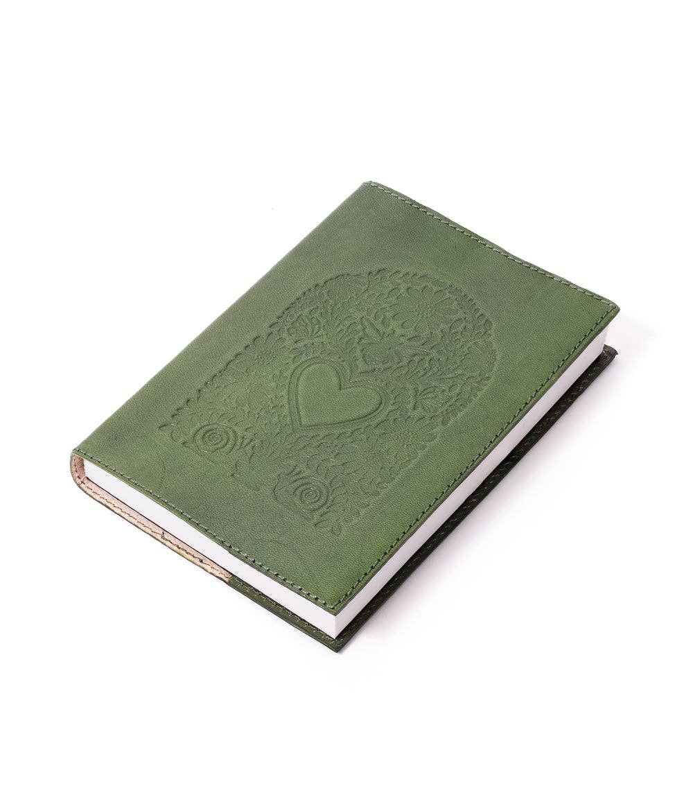 Refillable Leather Journal - Floral Heart Embossed Green