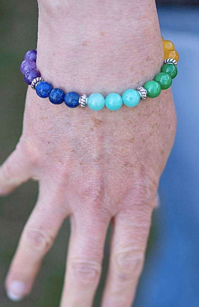 Gemstone Chakra Bracelet w/ White Metal Spacers
