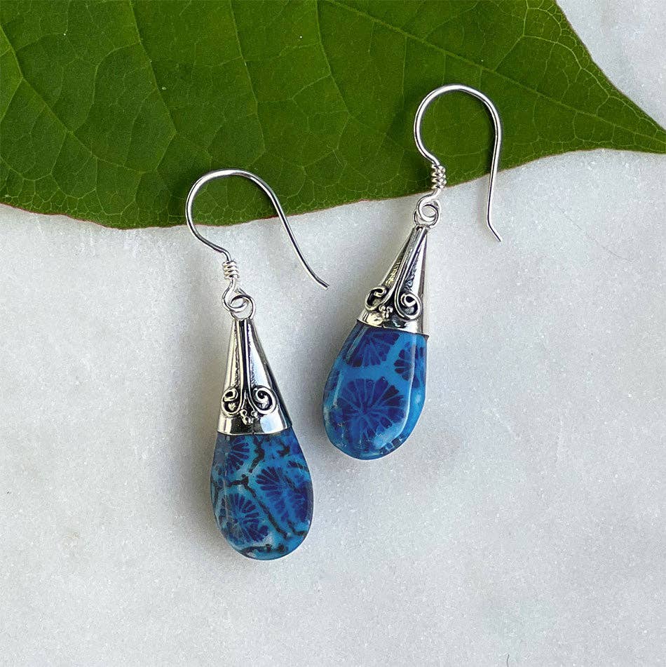 Blue Coral Filigree Earrings - Sterling Silver