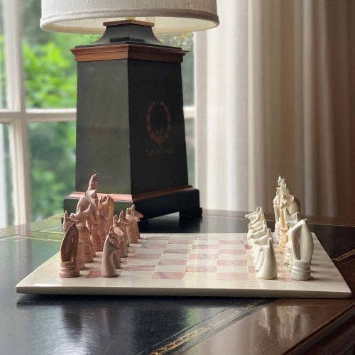 Soapstone Hand-Carved Chess Set  w/ Box  - Safari Animal Pieces, Pink/Natural