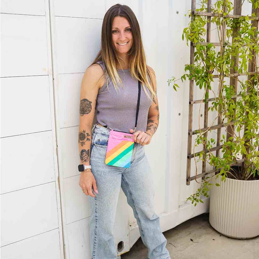 Mini Recycled Phone Crossbody Bag - Rainbow Stripes