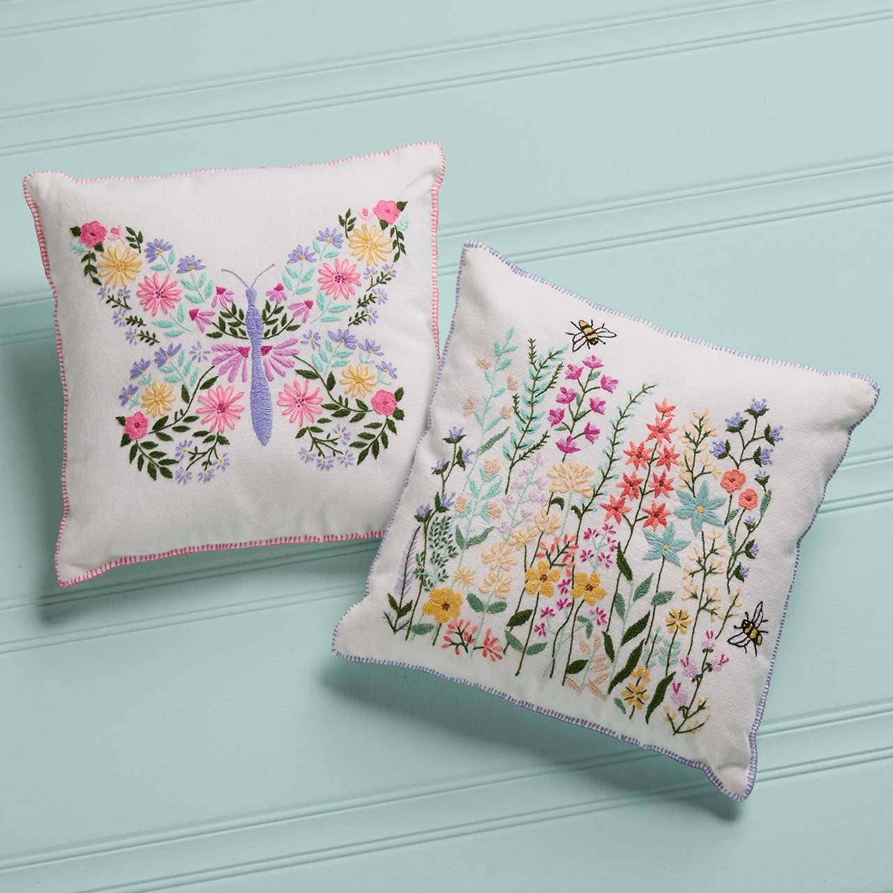 Butterfly Blossoms Embroidered Pillow