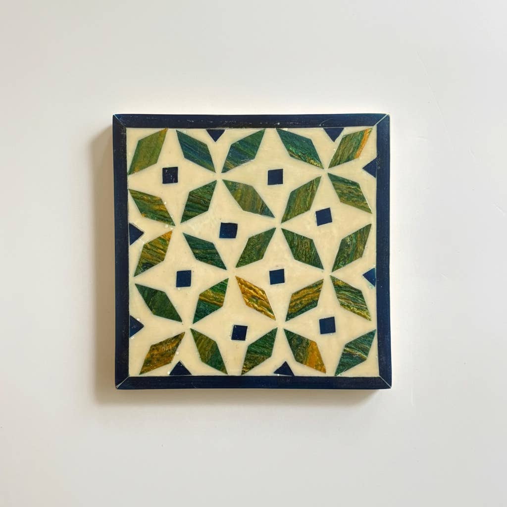 Wood & Mother of Pearl Coaster Set of 4 - Kaleidoscope Blue/Green