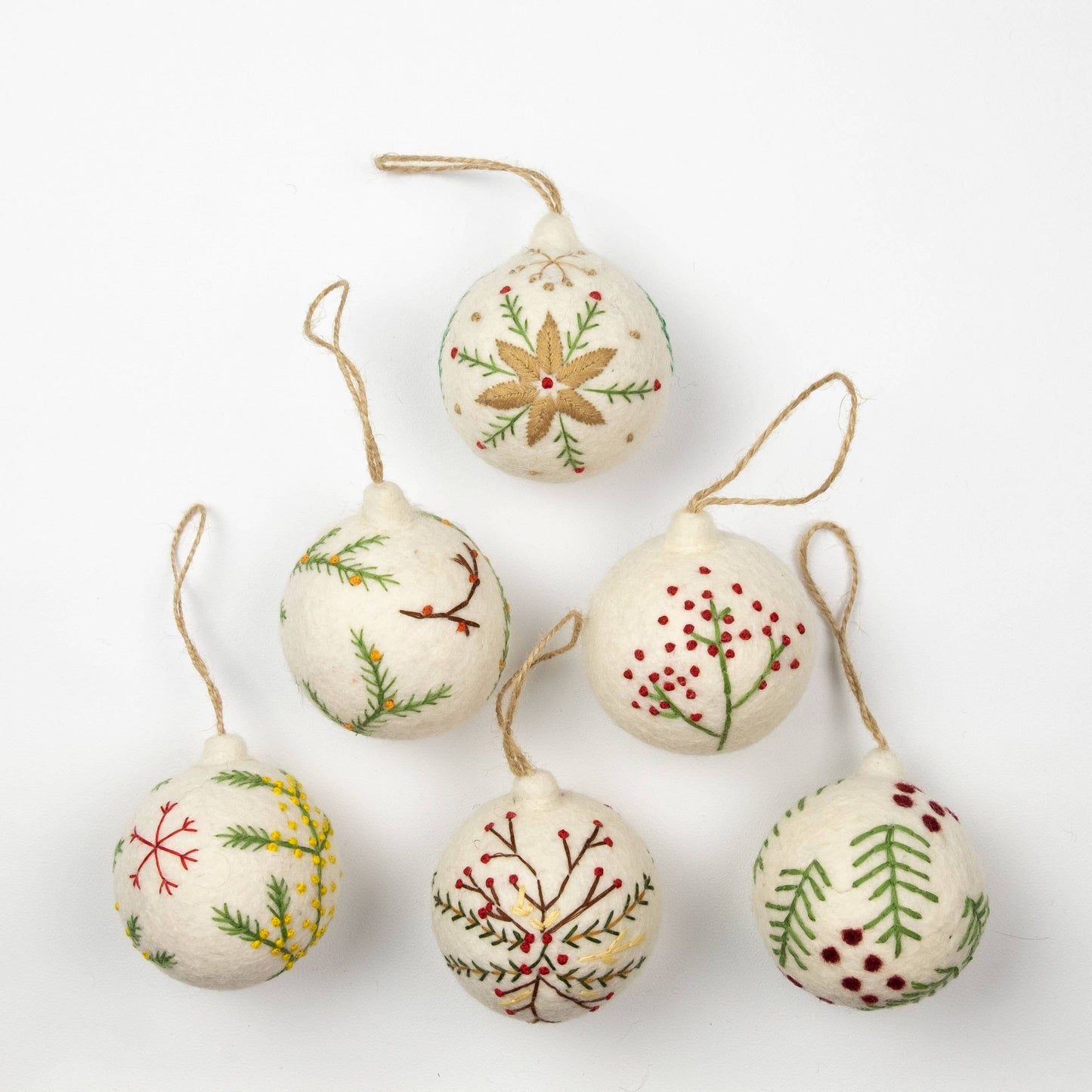 Hand Embroidered Felt Ball Ornament - White, Assorted