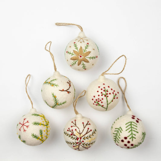 Hand Embroidered Felt Ball Ornament - White, Assorted