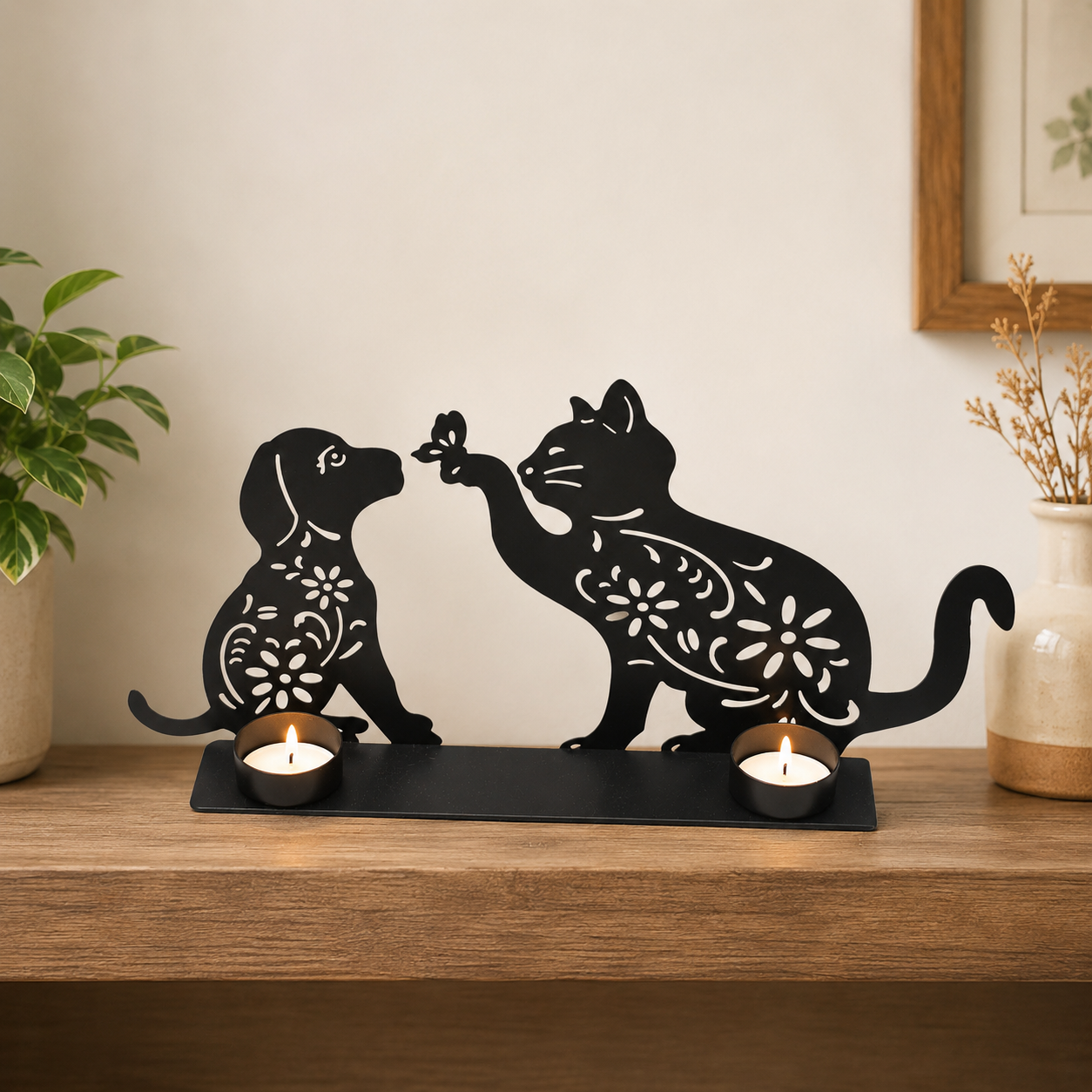 Dog & Cat Iron Candleholder