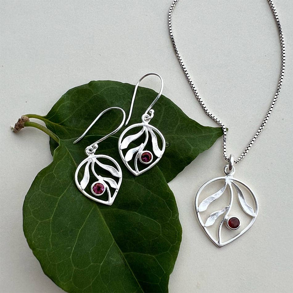 Whispering Leaf Earrings, Garnet - Sterling Silver