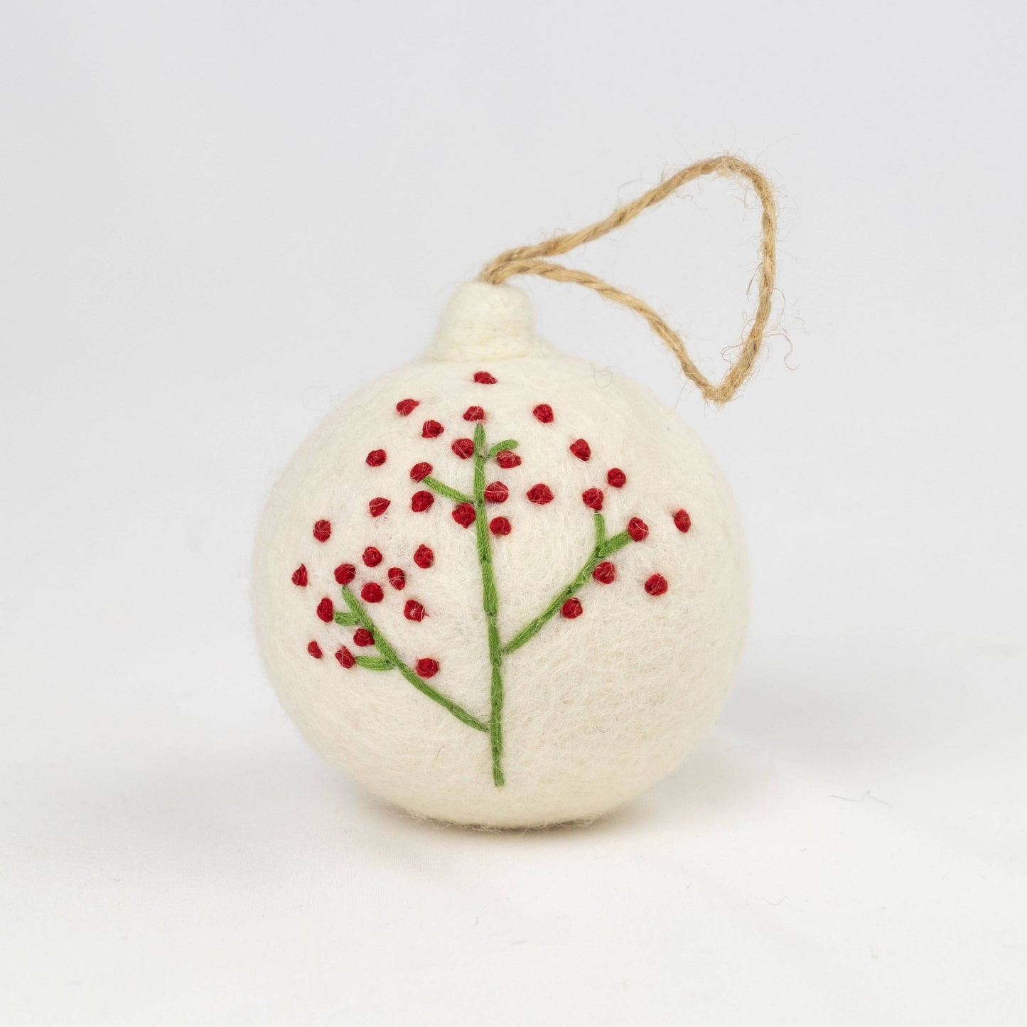 Hand Embroidered Felt Ball Ornament - White, Assorted