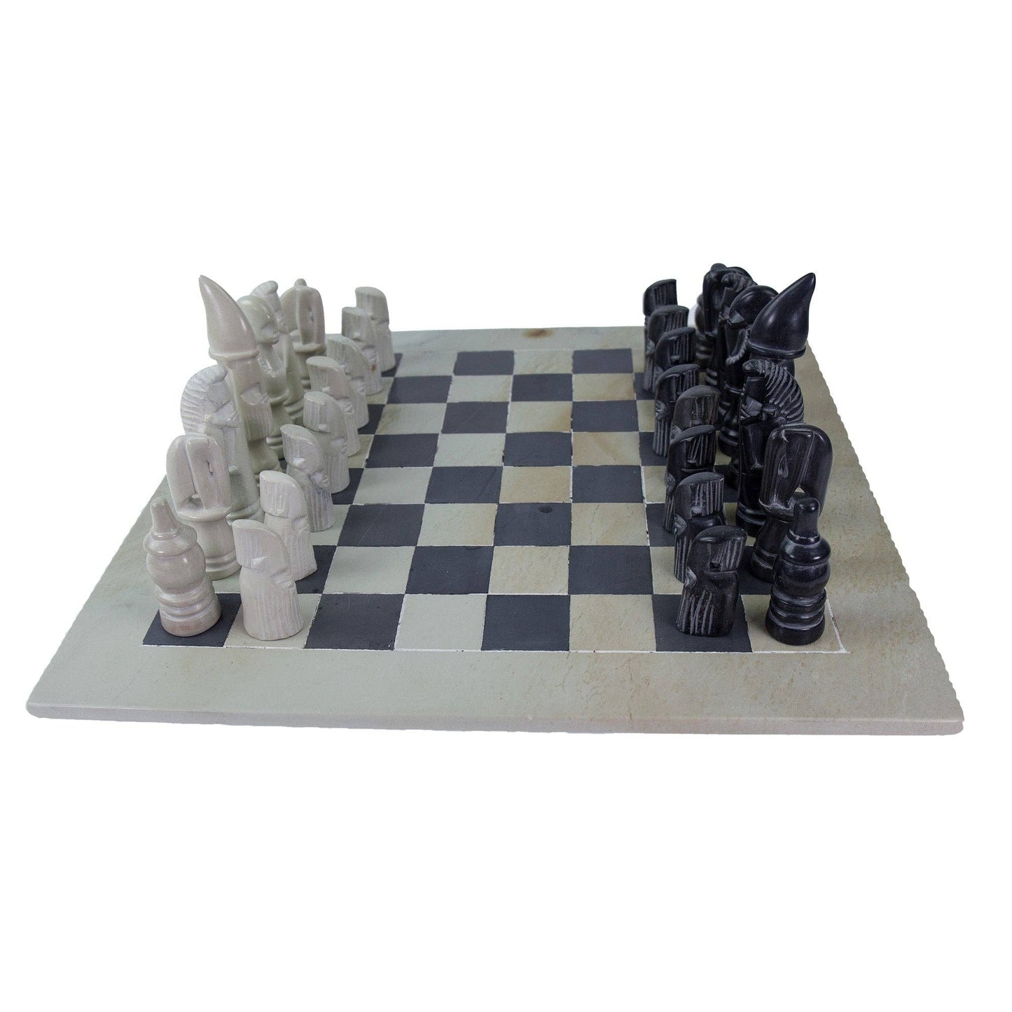 Soapstone Hand-Carved Chess Set w/ Box - African Maasai Tribe Pieces, Grey/Natural