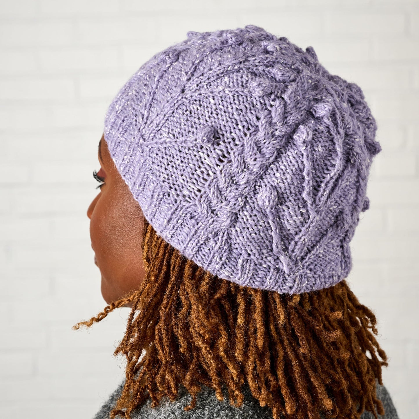 Hat flower cable knit wool/banana fiber 8L purple