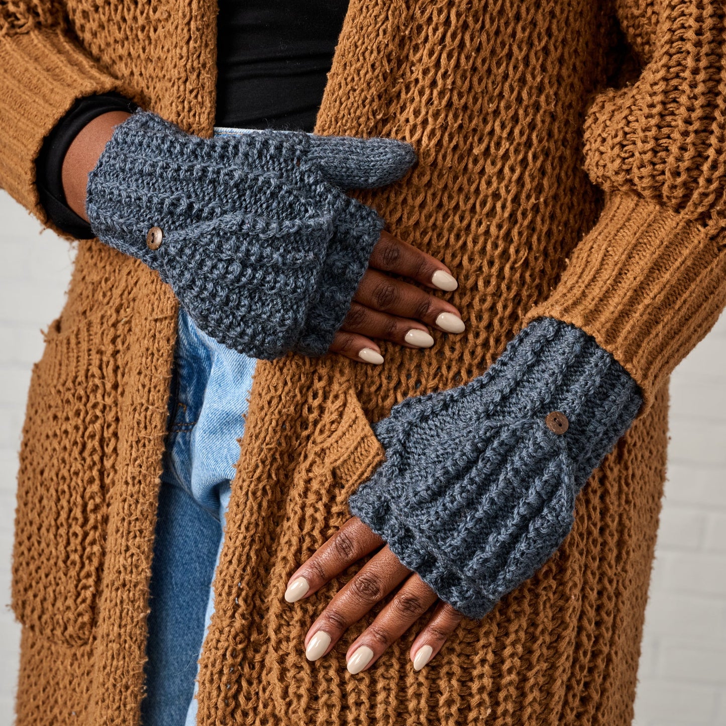 Mittens flip top ribbed wool 9.5L grayish blue