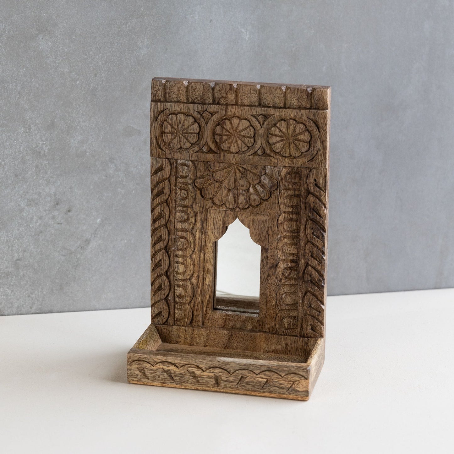 Mirror w/shelf single mango wood 6.5Wx10H nat