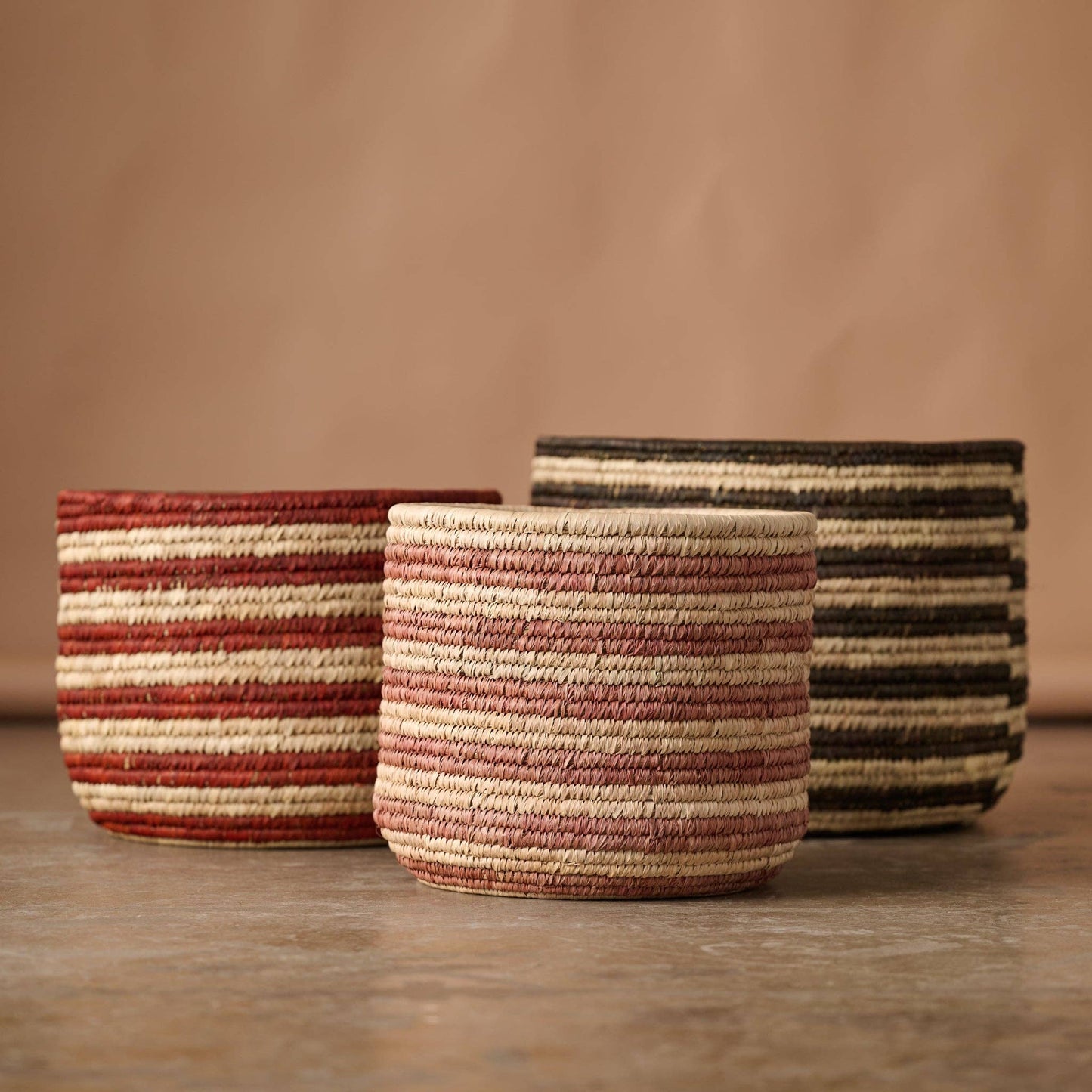 Brown Striped Palm Leaf Basket 17"