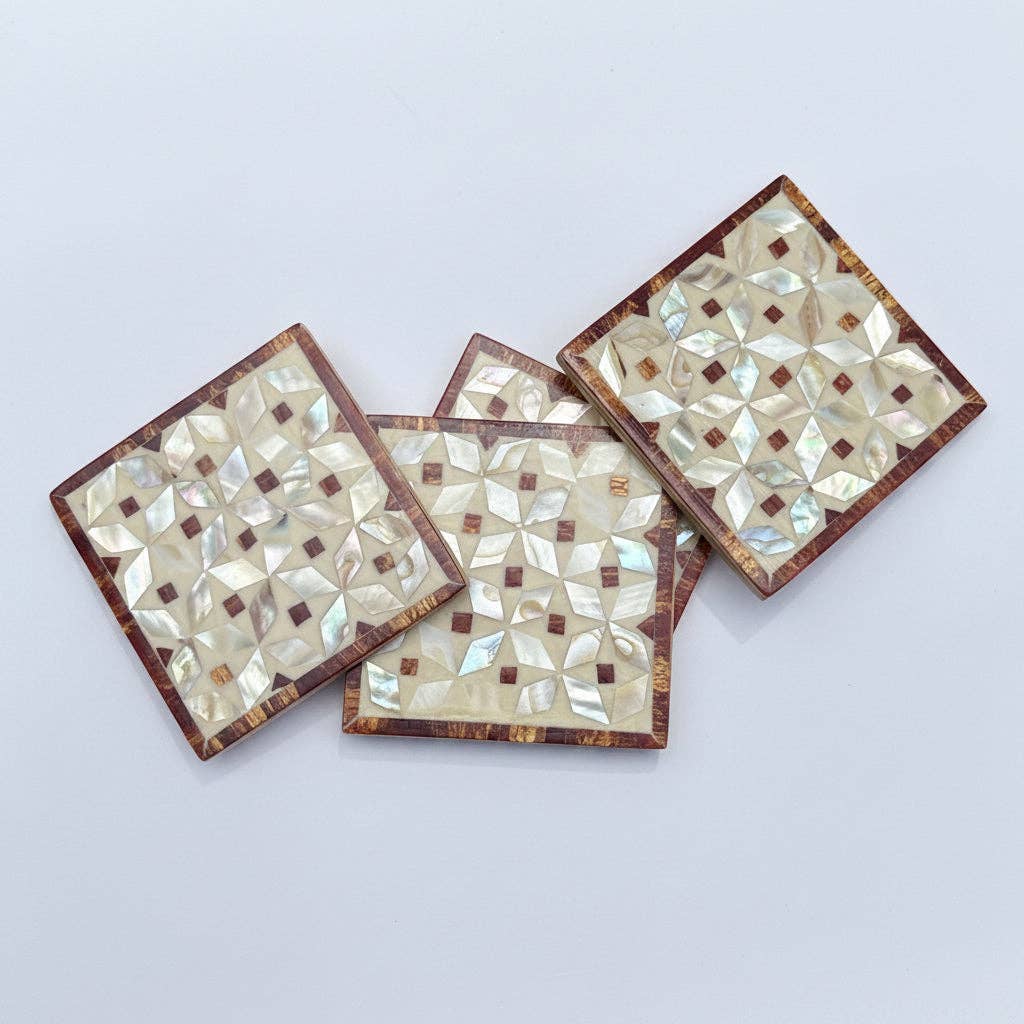 Wood & Mother of Pearl Coaster Set of 4 - Kaleidoscope Brown