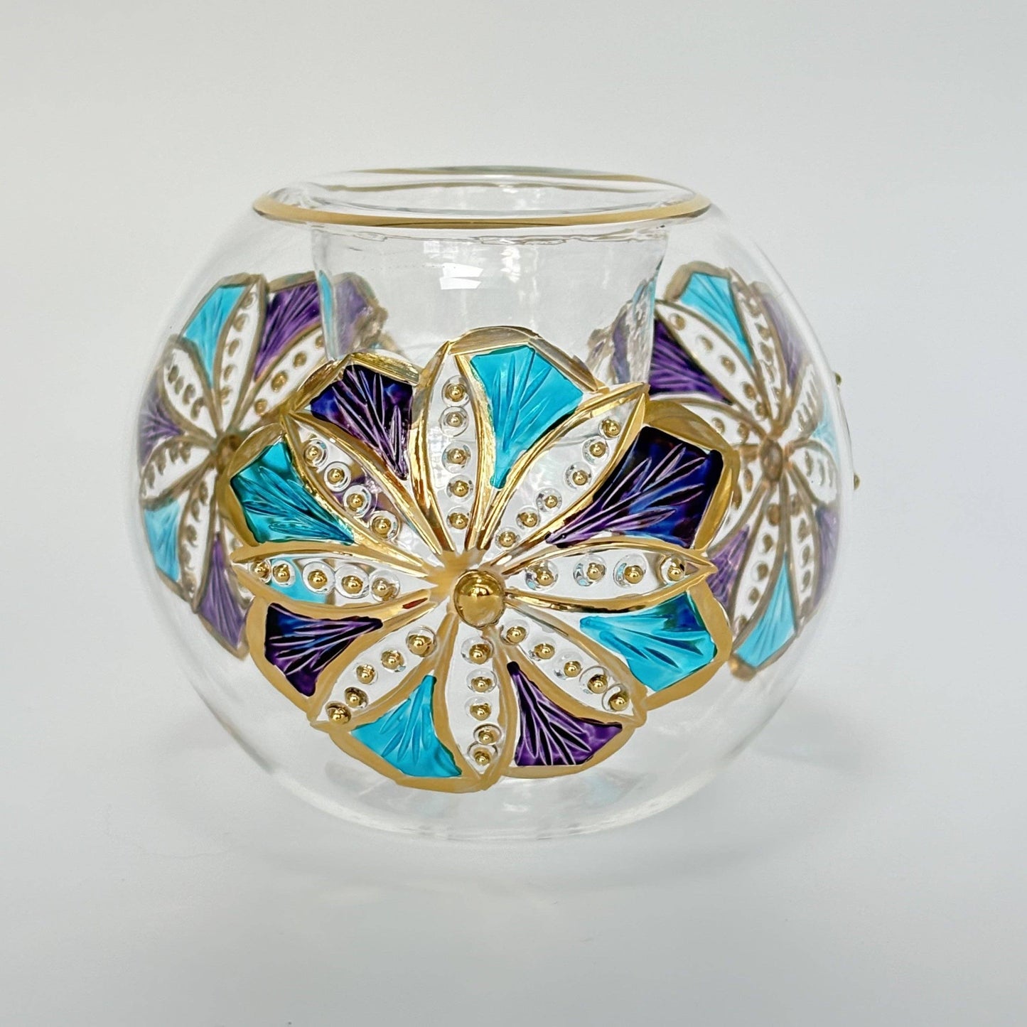 Blown Glass Candleholder - Mauve/Turquoise Flower