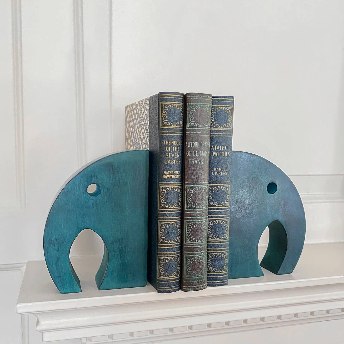 Carved Gorara Soapstone Bookends - Teal Elephant, Set of 2