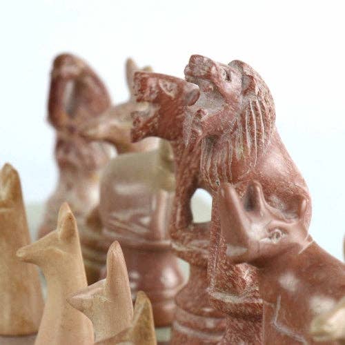 Soapstone Hand-Carved Chess Set  w/ Box  - Safari Animal Pieces, Pink/Natural