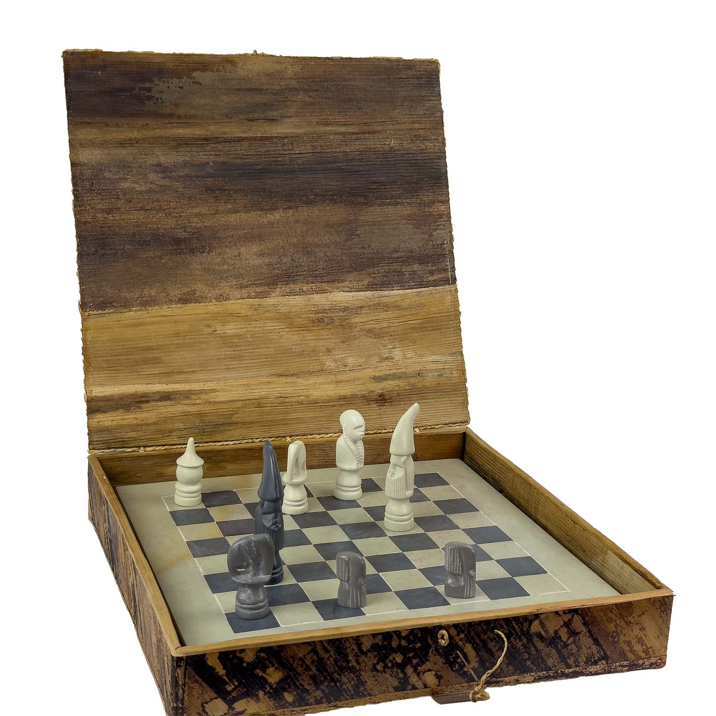 Soapstone Hand-Carved Chess Set w/ Box - African Maasai Tribe Pieces, Grey/Natural