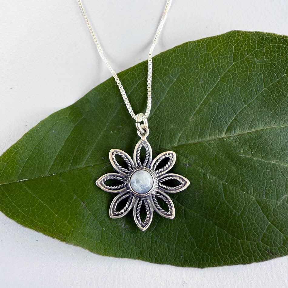 Rainbow Moonstone Flower Necklace - Sterling Silver